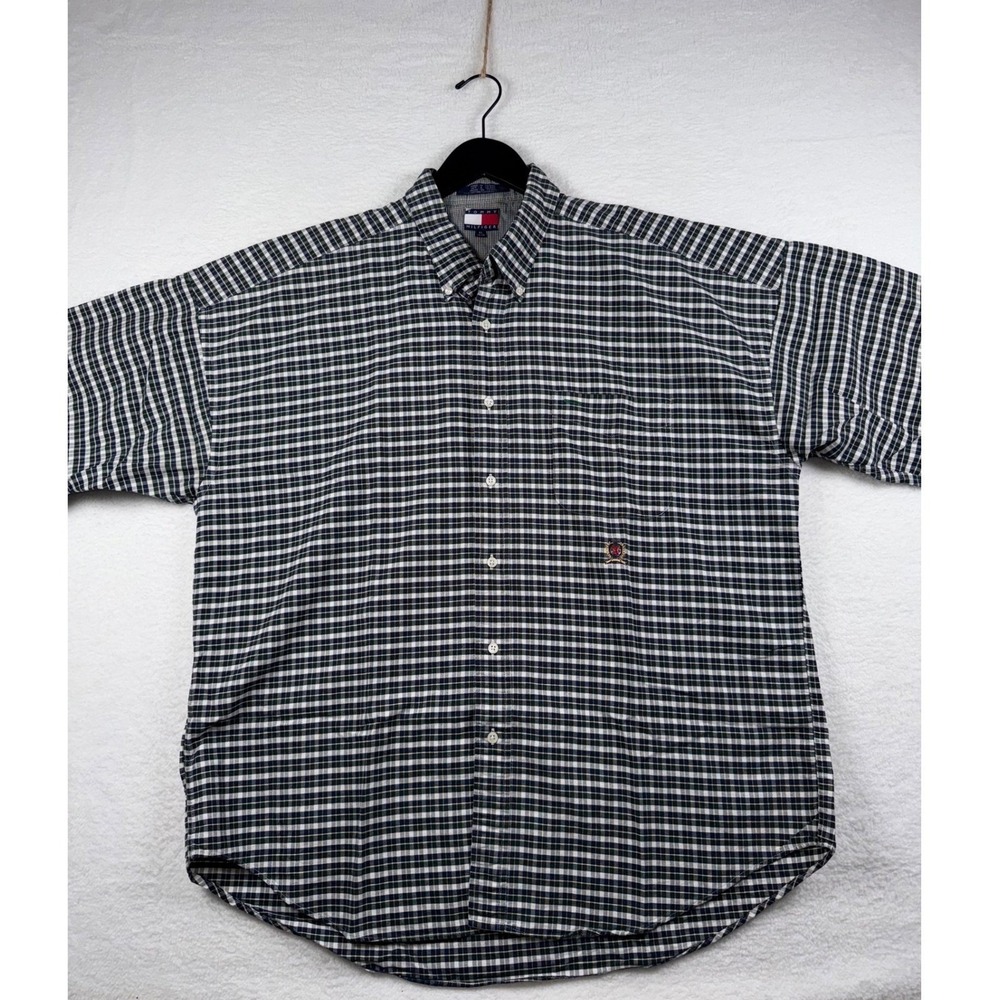Tommy Hilfiger XL Button Down Shirt Short Sleeve Plaid Checkered Mens